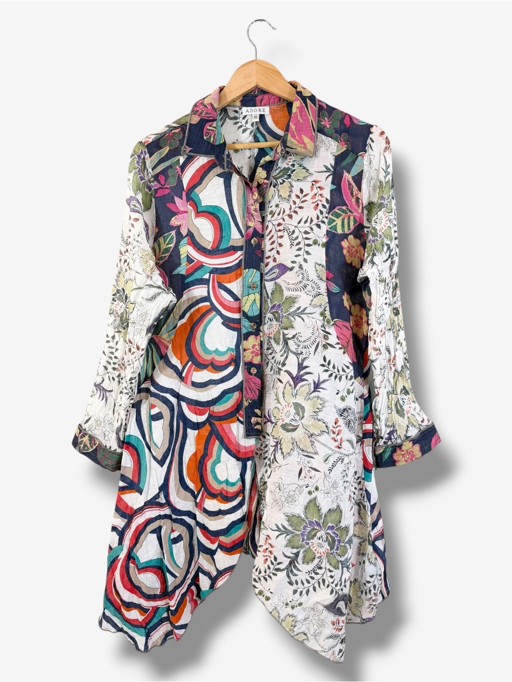 Multicolor Lagenlook Tunic Size XL Long Sleeve Floral Asymmetrical Casual Boho